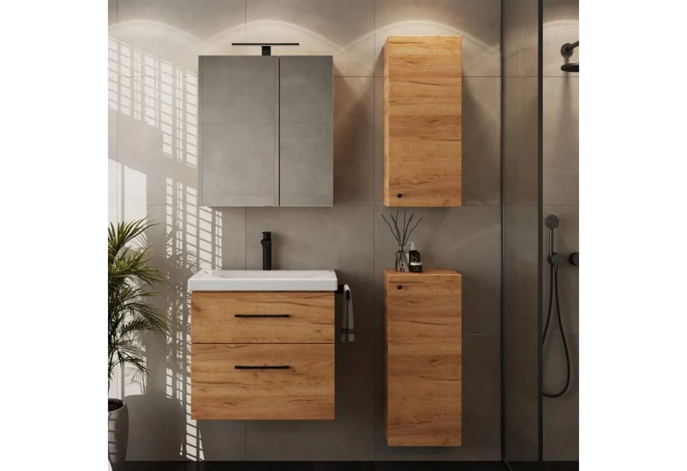Planetmöbel Badmöbel-Set Gold Eiche mit Spiegelschrank und Midischränken