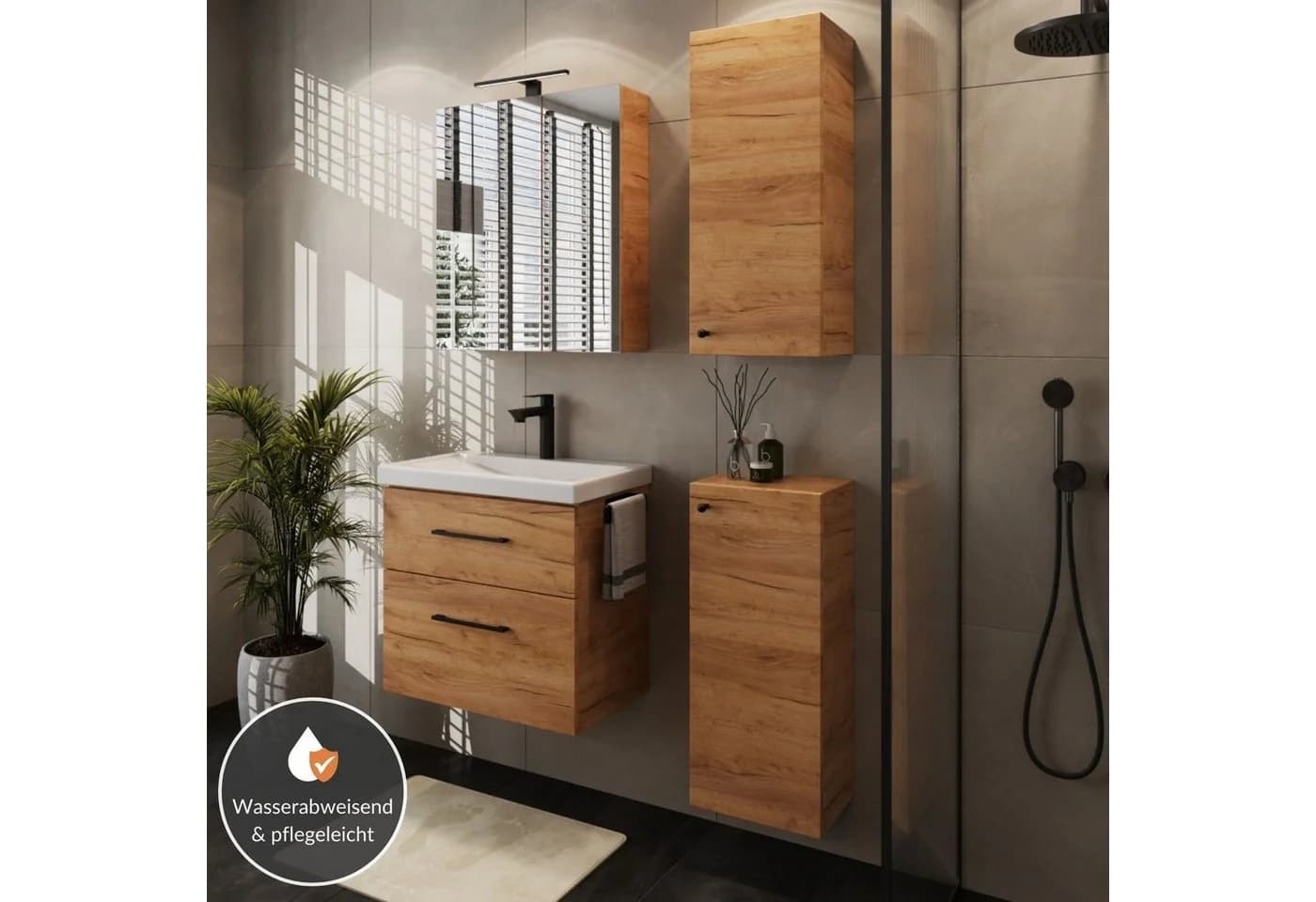 Planetmöbel Badmöbel-Set Gold Eiche mit Spiegelschrank und Midischränken - Bild 3