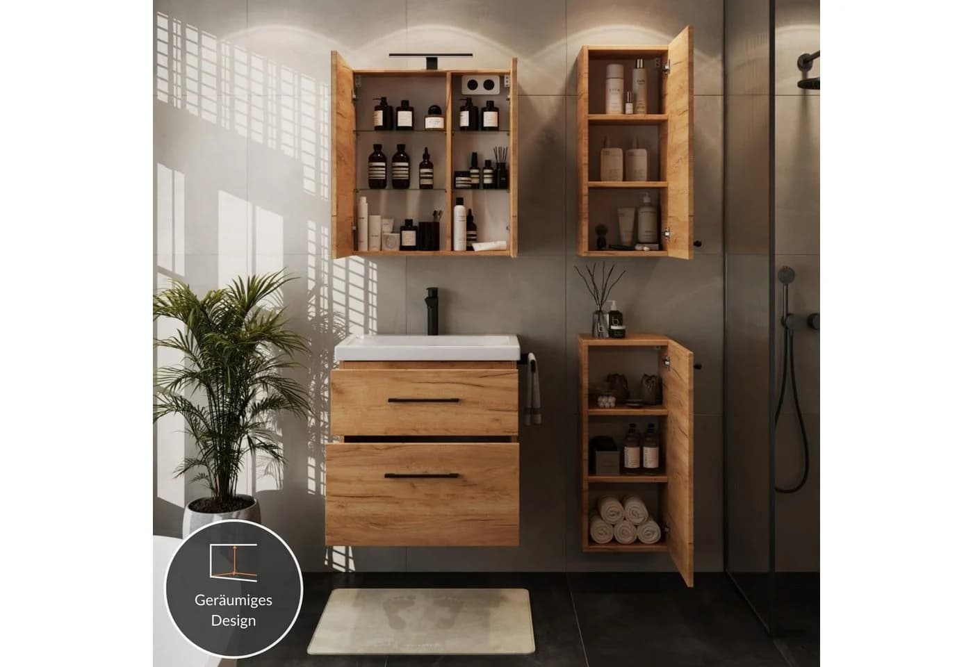 Planetmöbel Badmöbel-Set Gold Eiche mit Spiegelschrank und Midischränken - Bild 4