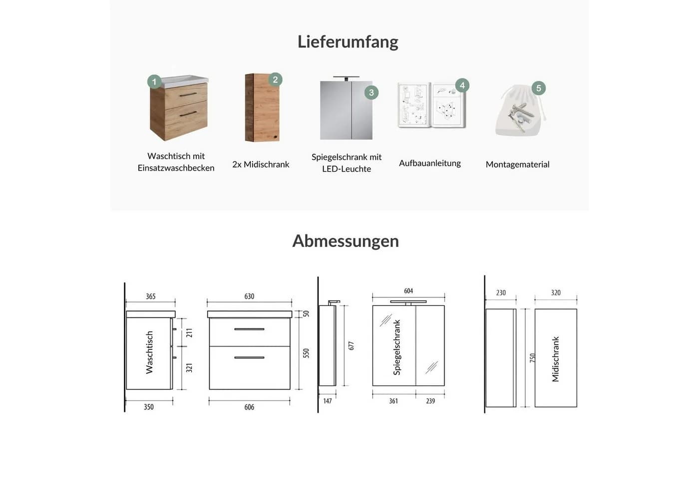 Planetmöbel Badmöbel-Set Gold Eiche mit Spiegelschrank und Midischränken - Bild 5