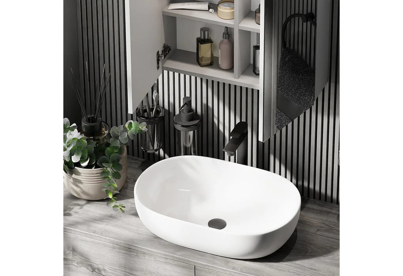 Planetmöbel Aufsatzwaschbecken Oval 60 cm Schwarz Matt Keramik - Bild 3