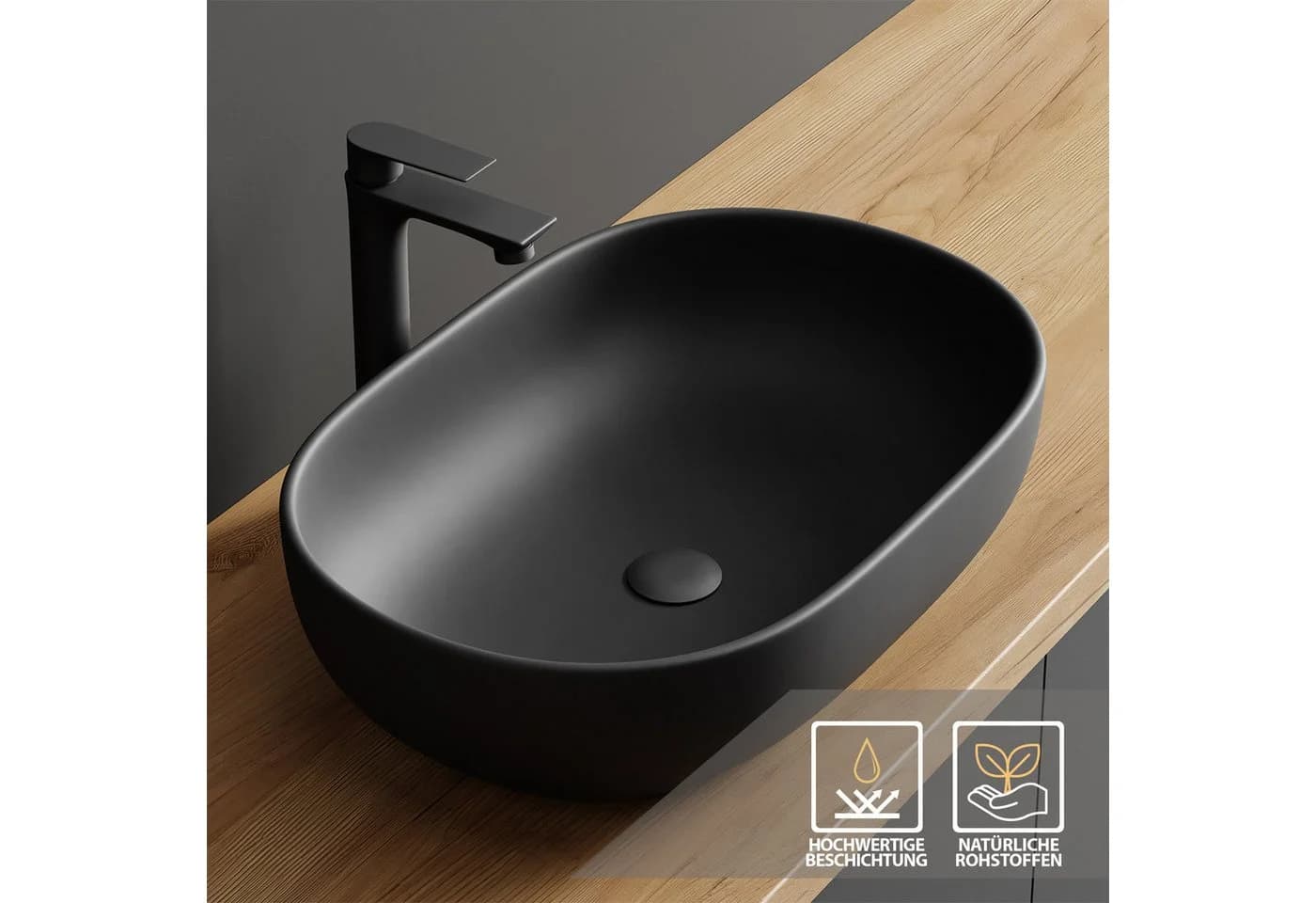 Planetmöbel Aufsatzwaschbecken Oval 60 cm Schwarz Matt Keramik - Bild 4