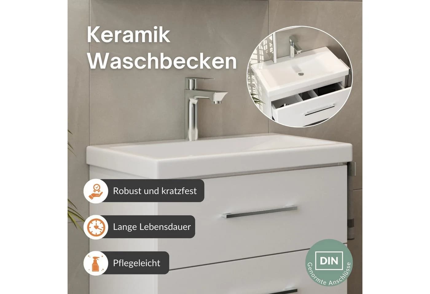 Planetmöbel Waschtischunterschrank 63cm Weiß mit Keramikwaschbecken - Bild 4