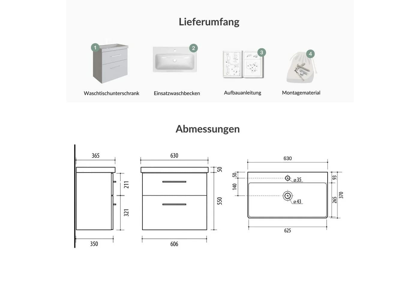 Planetmöbel Waschtischunterschrank 63cm Weiß mit Keramikwaschbecken - Bild 5
