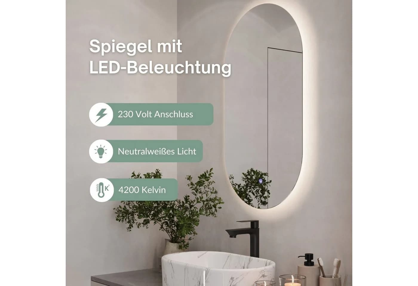 Planetmöbel LED-Badspiegel Oval mit Touchschalter und Beleuchtung - Bild 5