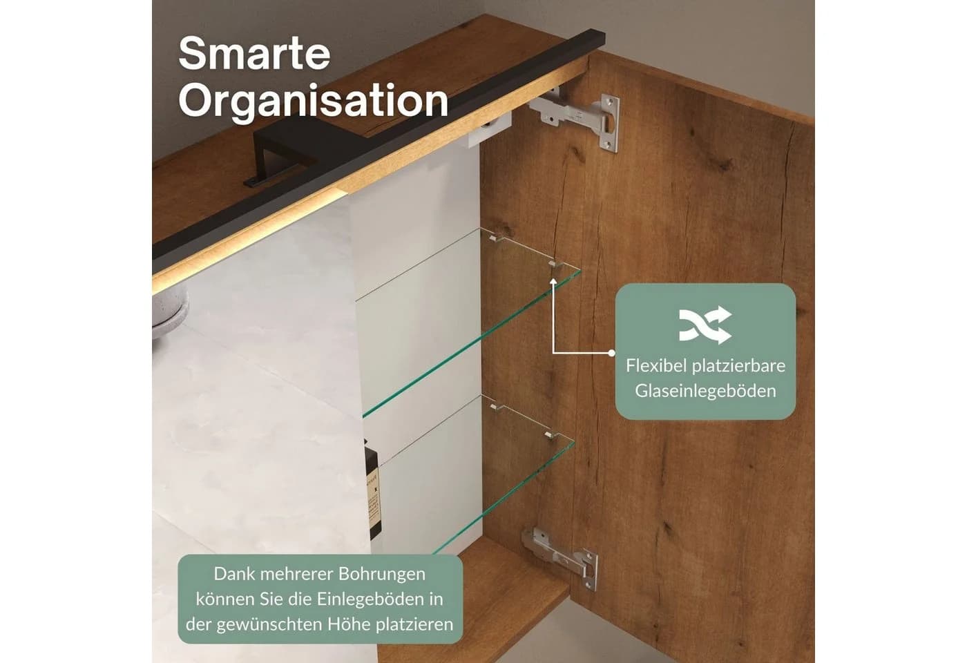Planetmöbel Spiegelschrank ARIA 100 cm Gold Eiche mit LED & Steckdose - Bild 3