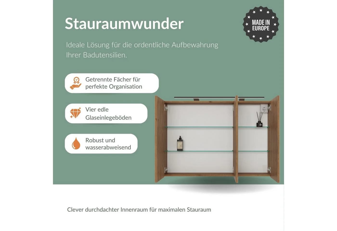 Planetmöbel Spiegelschrank ARIA 100 cm Gold Eiche mit LED & Steckdose - Bild 4