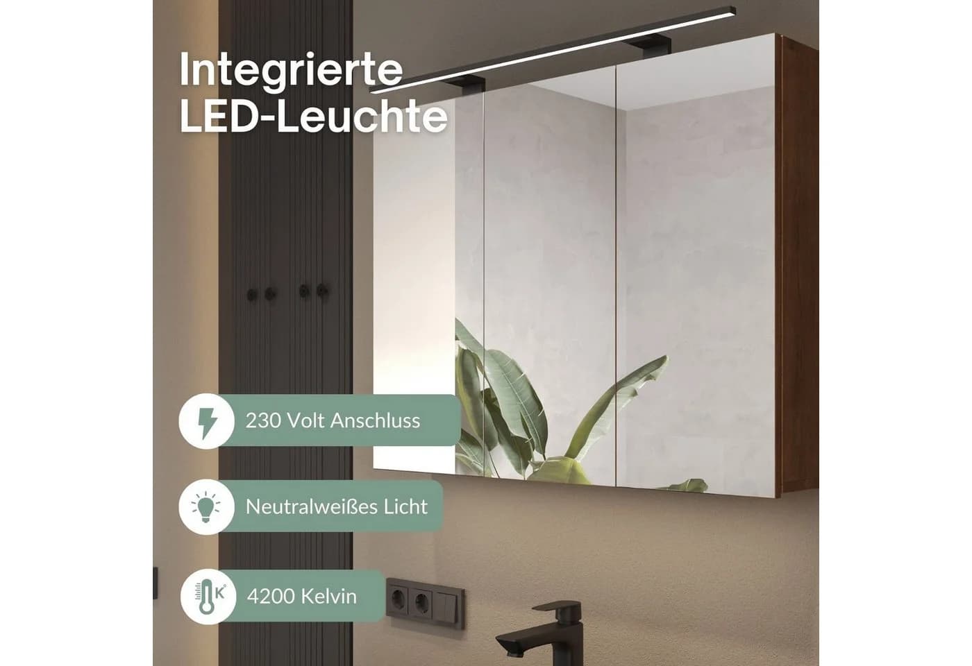 Planetmöbel Spiegelschrank ARIA 100 cm Gold Eiche mit LED & Steckdose - Bild 5