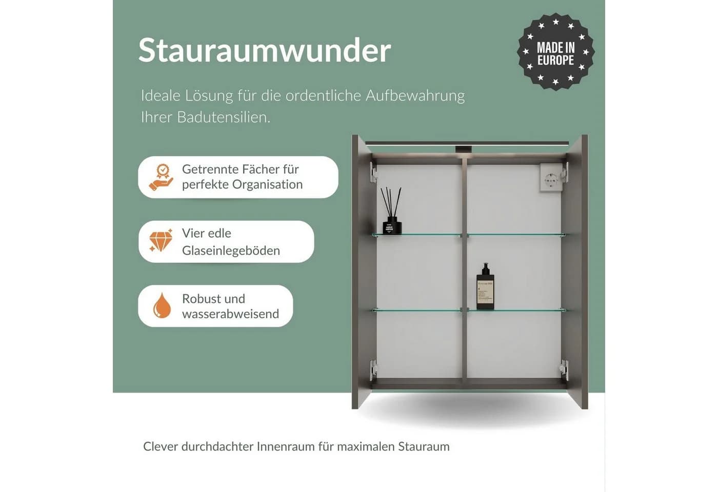 Planetmöbel Spiegelschrank ARIA Anthrazit mit LED-Beleuchtung und Steckdose - Bild 3