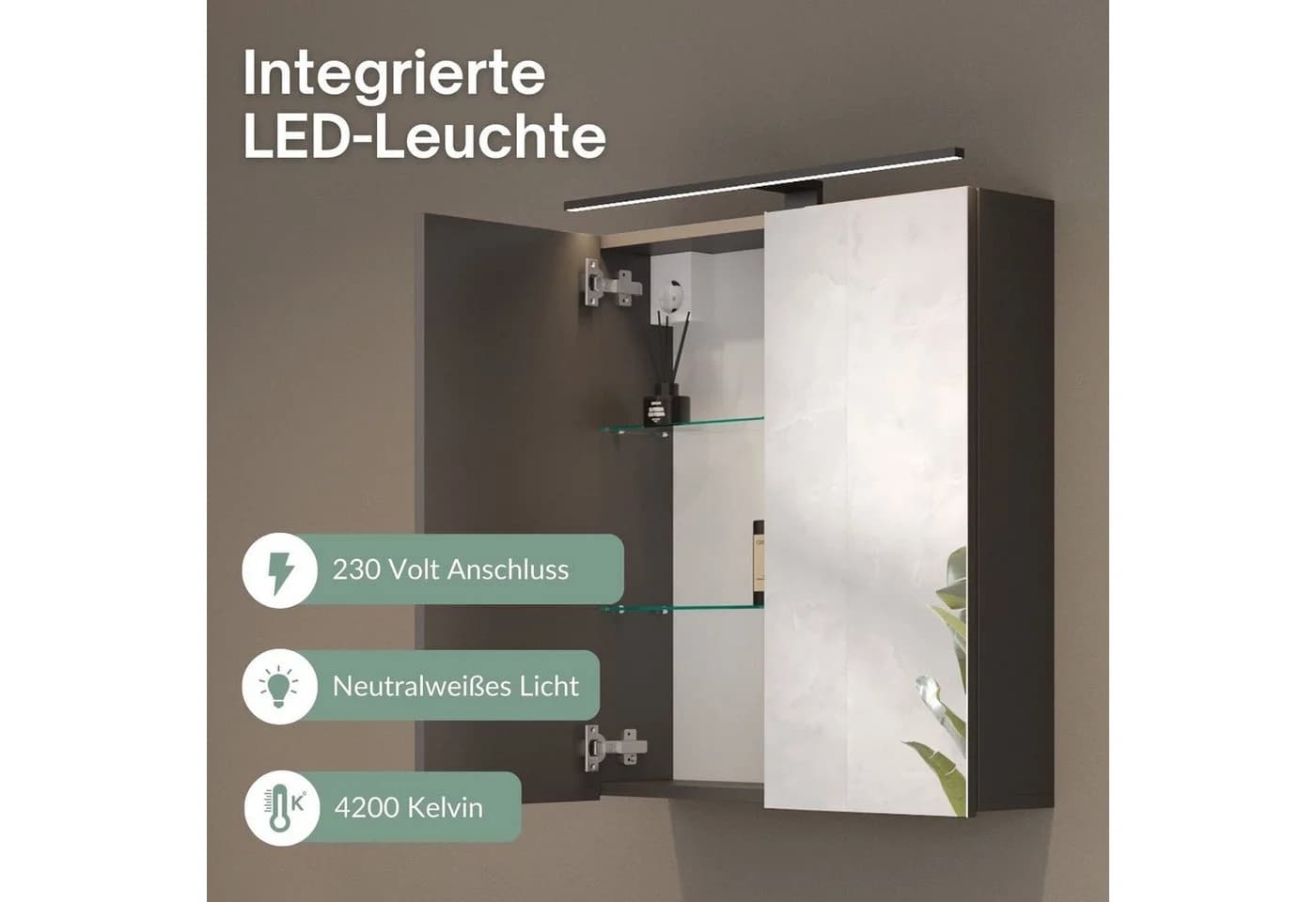 Planetmöbel Spiegelschrank ARIA Anthrazit mit LED-Beleuchtung und Steckdose - Bild 5