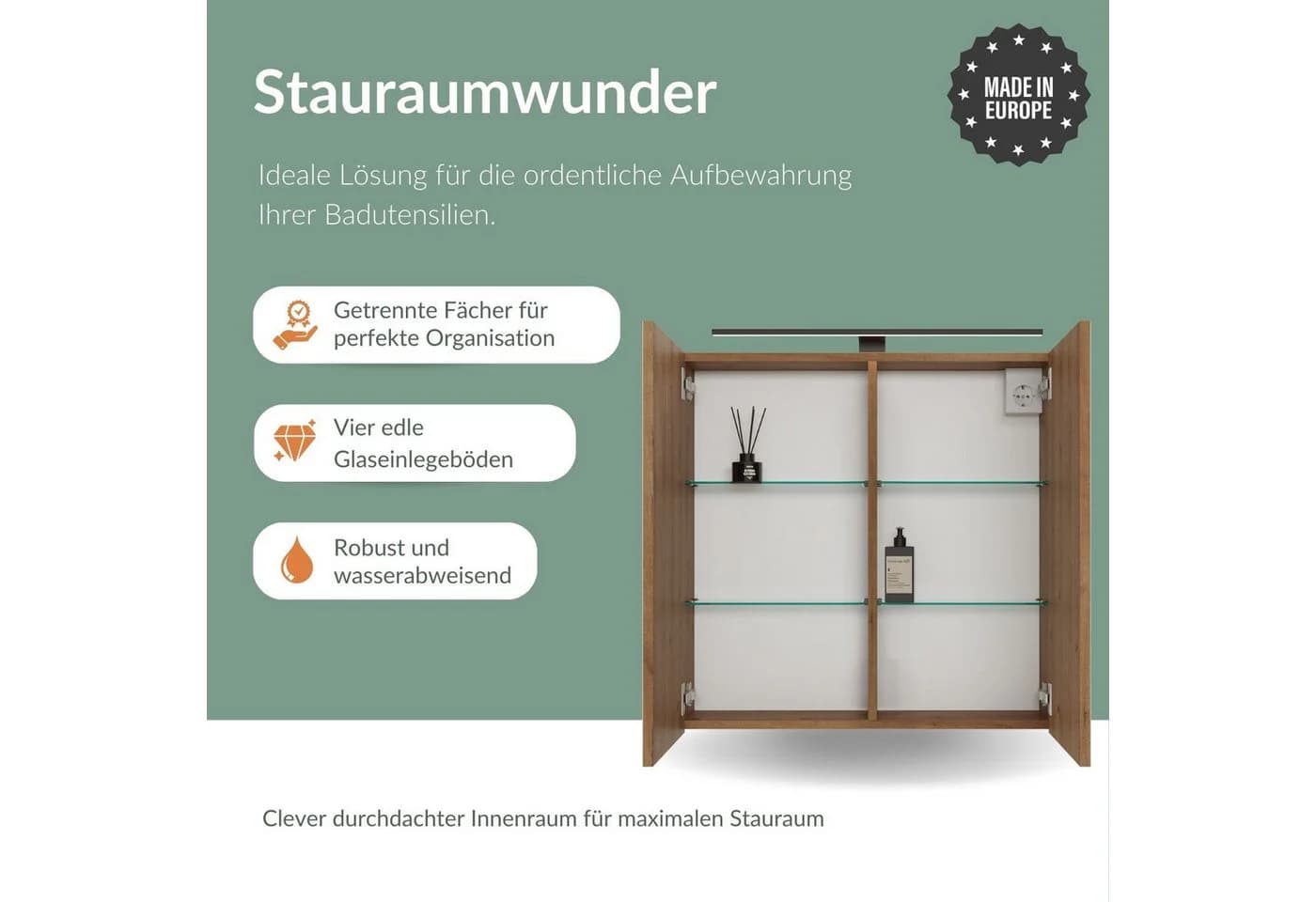 Planetmöbel Spiegelschrank ARIA Gold Eiche mit LED & Steckdose - Bild 4