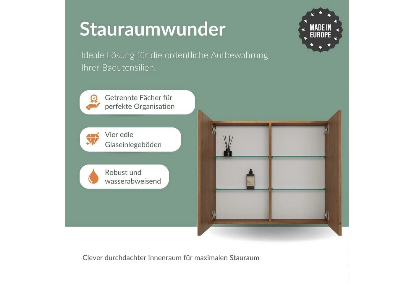 Planetmöbel Spiegelschrank ARIA 2-türig mit LED und Steckdose Gold Eiche - Bild 4