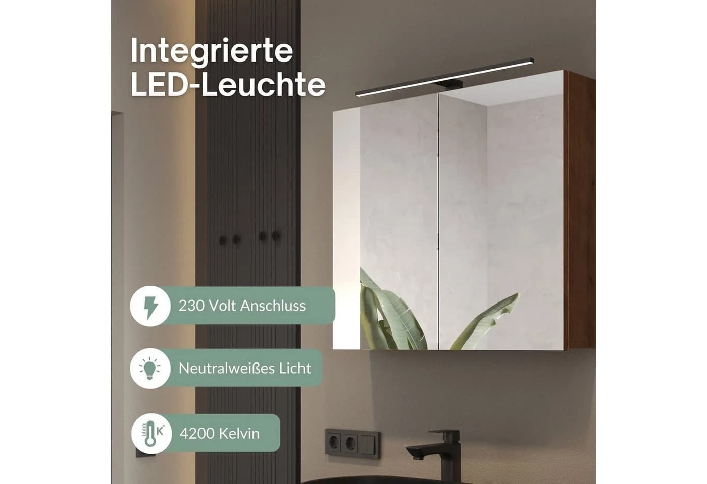Planetmöbel Spiegelschrank ARIA 2-türig mit LED und Steckdose Gold Eiche - Bild 5