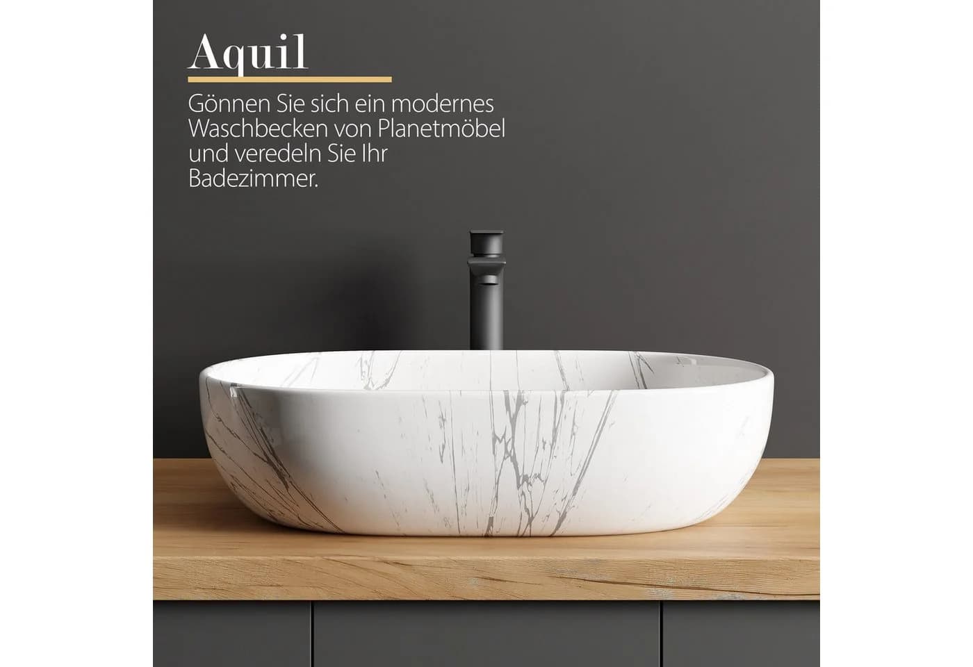 Planetmöbel Aufsatzwaschbecken Oval Keramik Marmor Weiß