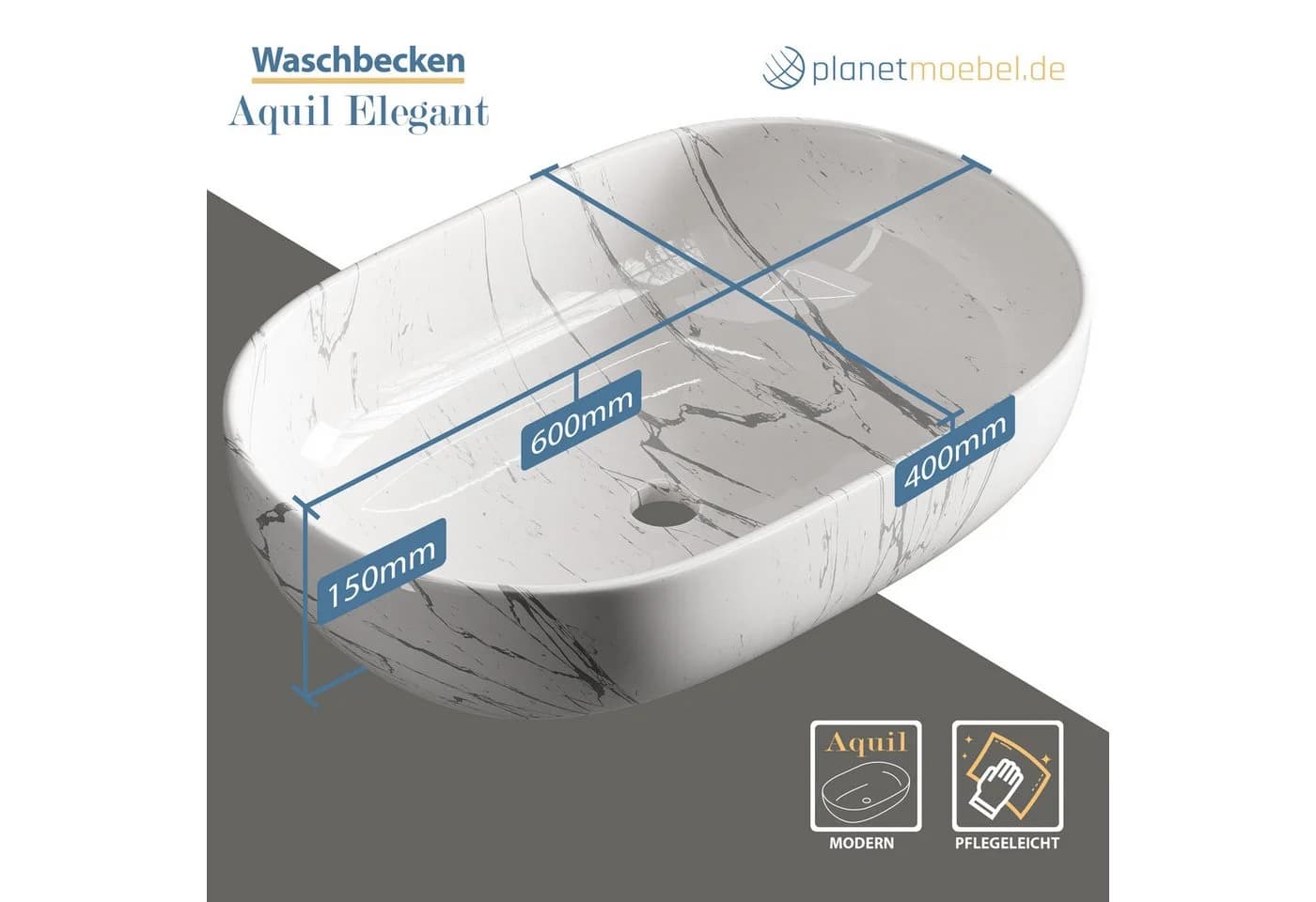 Planetmöbel Aufsatzwaschbecken Oval Keramik Marmor Weiß - Bild 5