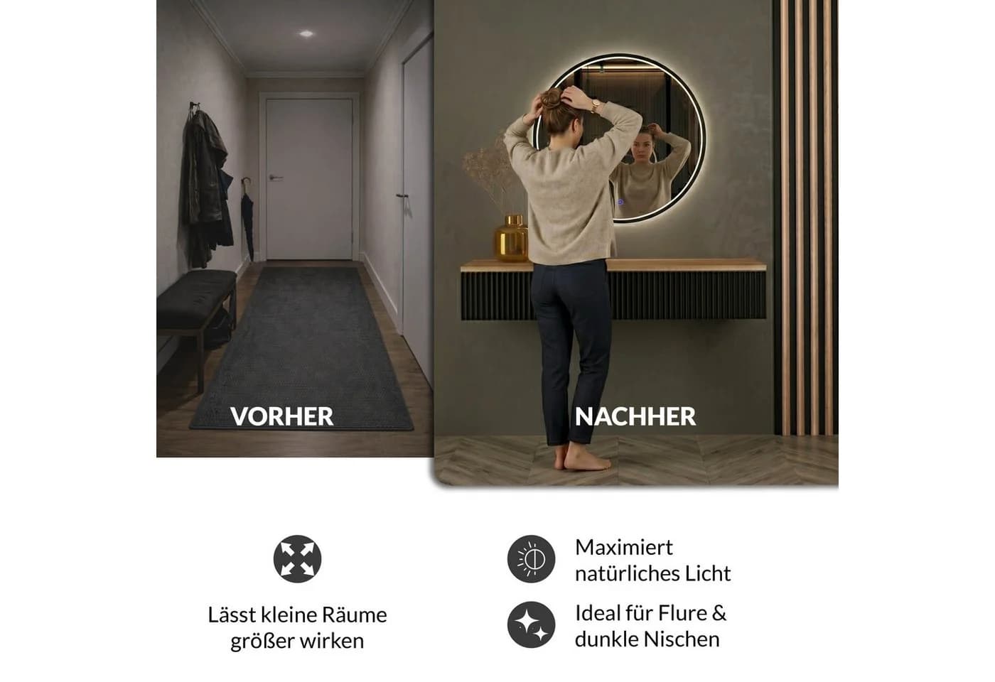 Planetmöbel Dekospiegel VELUNA LED-Spiegel mit Rahmen 60-80cm Schwarz