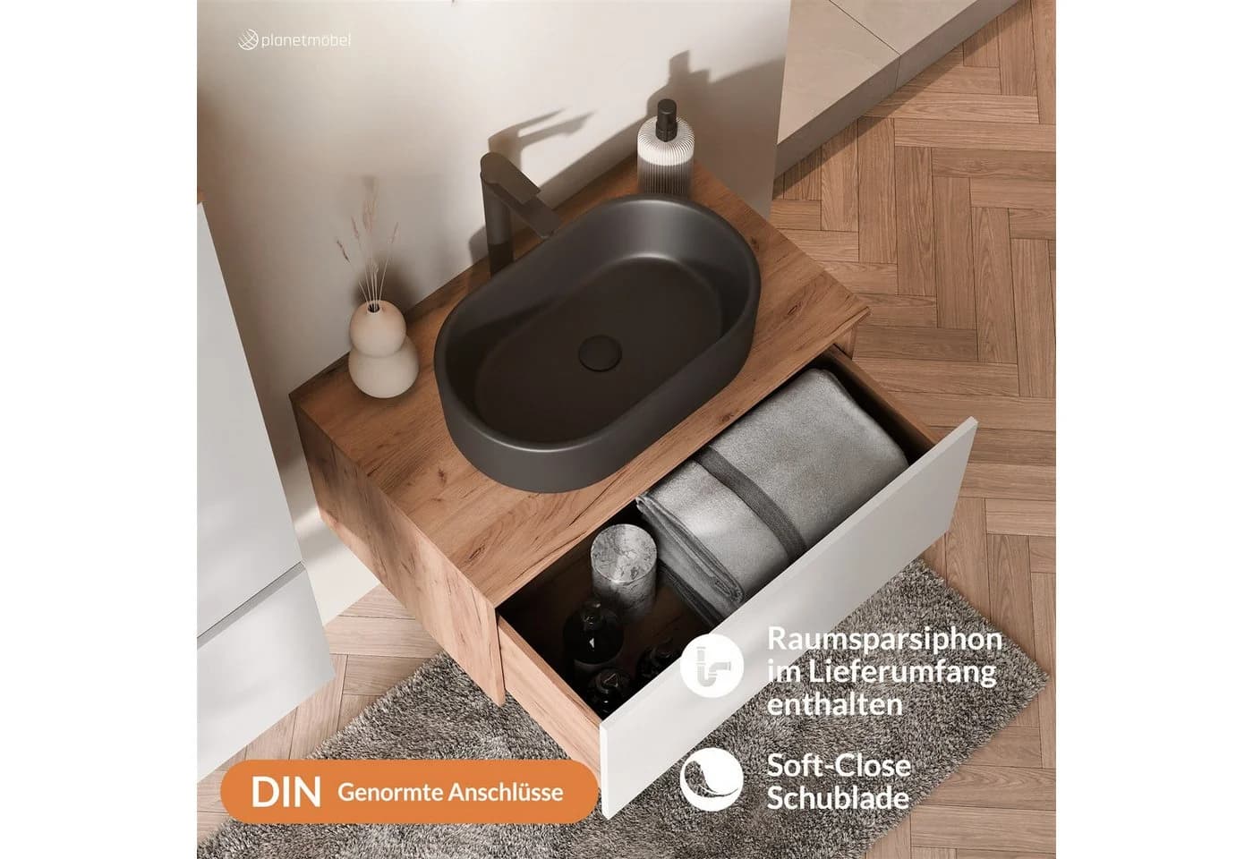 Planetmöbel Waschtisch-Set ARISA 80 cm mit Keramik-Waschbecken und Soft-Close - Bild 4
