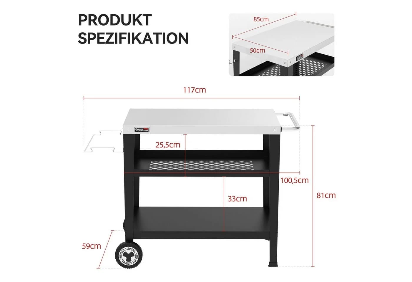 Royal Gourmet Grillablagetisch Servierwagen 3-Etagen Edelstahl Schwarz
