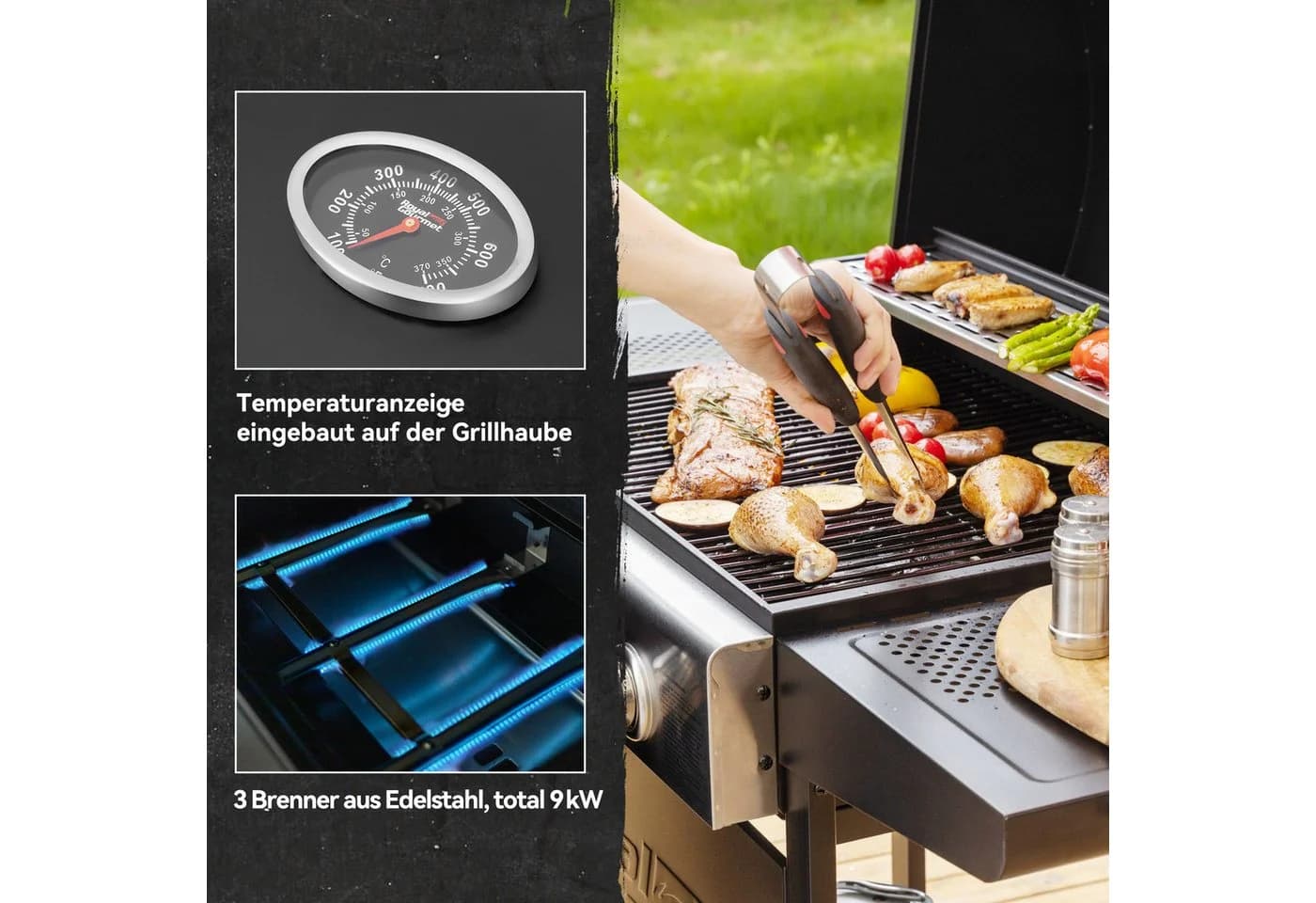 Royal Gourmet Gasgrill 3 Brenner 9 kW Schwarz Silber - Bild 5