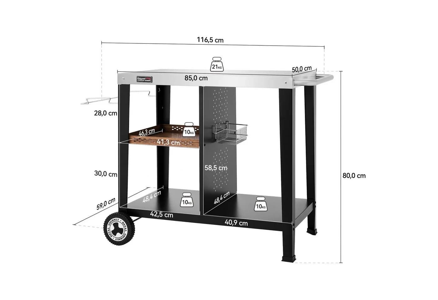 Royal Gourmet Grillwagen 3-Etage mit Edelstahlplatte Schwarz/Silber