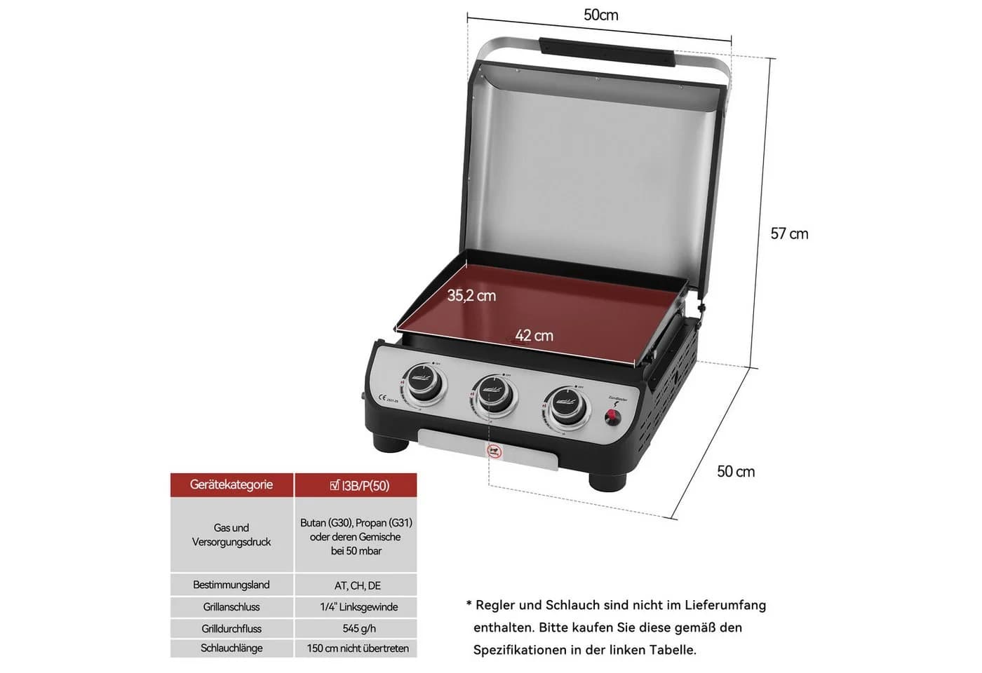 Royal Gourmet Gasgrill 3 Brenner 7,5 kW Kompakt mit Deckel