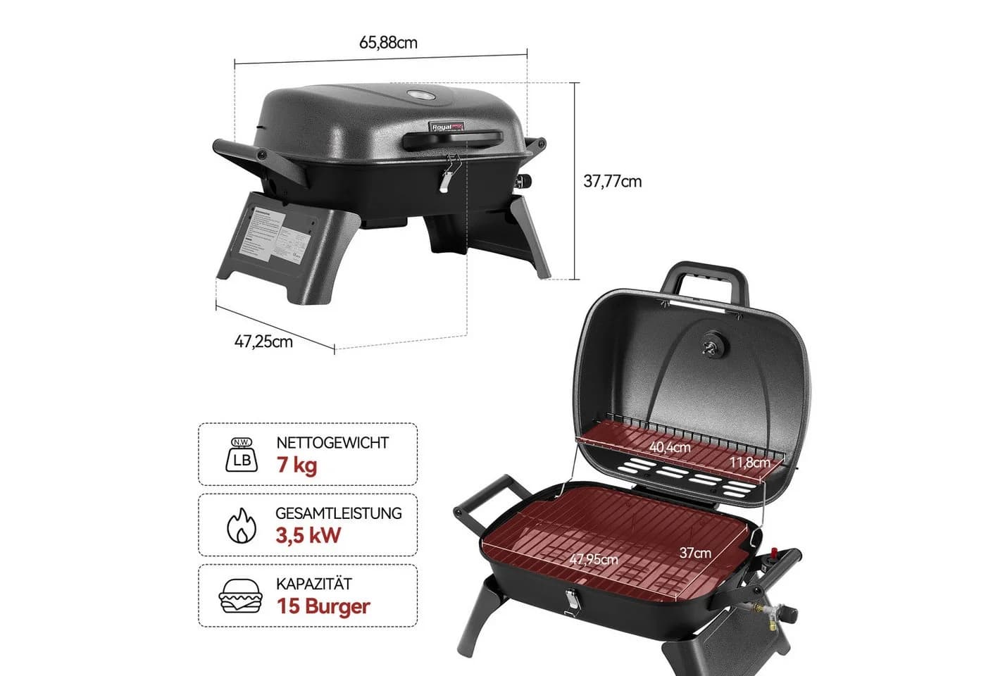 Royal Gourmet Tragbarer Gasgrill Schwarz 3,5 kW mit Piezozündung