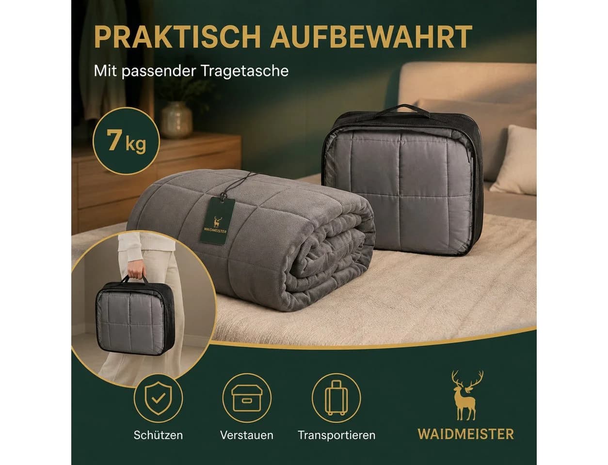 Waidmeister Gewichtsdecke 7 kg Grau mit Glasperlen und Tragetasche - Bild 3