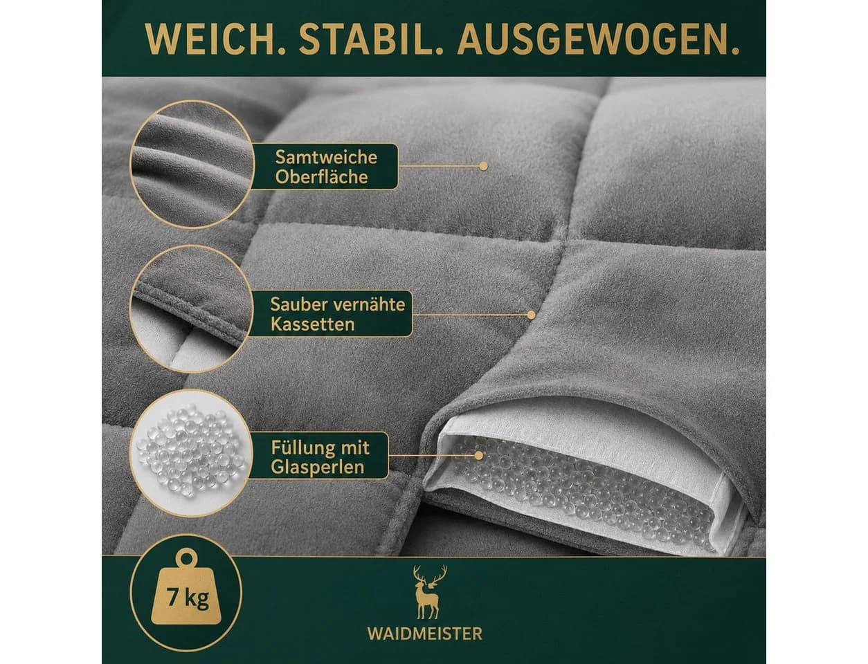 Waidmeister Gewichtsdecke 7 kg Grau mit Glasperlen und Tragetasche - Bild 5