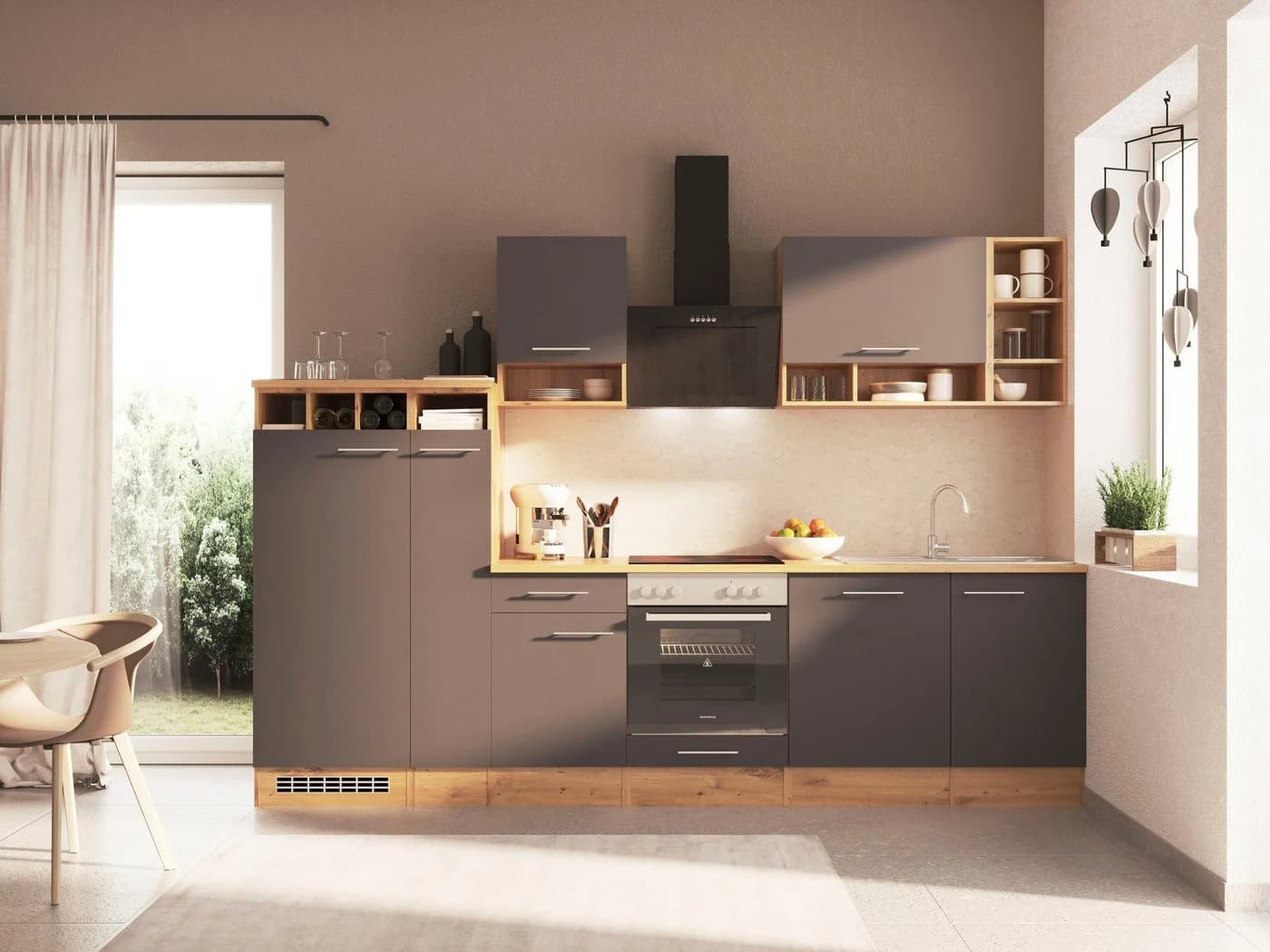 Respekta Küche Hilde 310 cm Wildeiche Nachbildung Metallgriffe