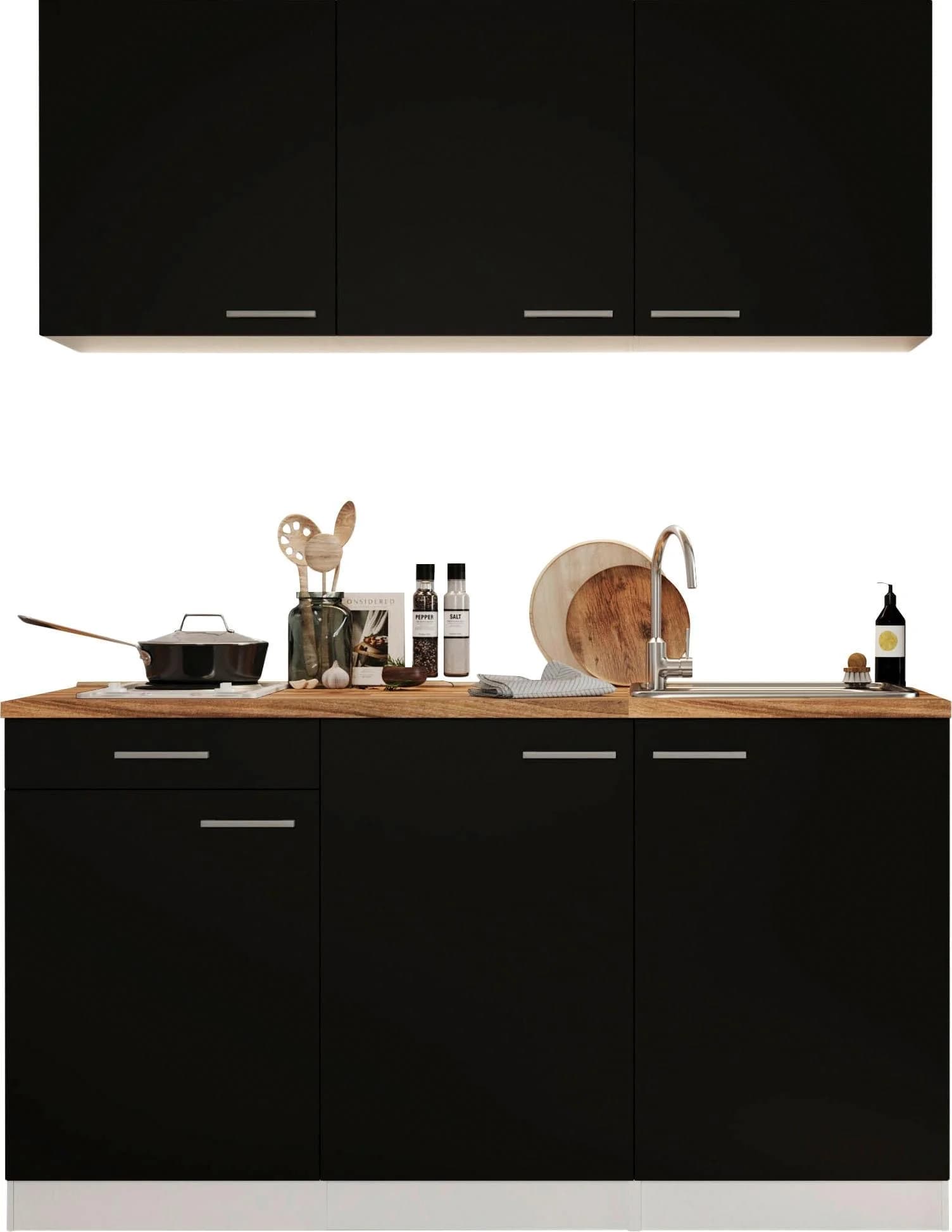 RESPEKTA Pantryküche Luis Schwarz Eiche 150cm Duo Kochfeld