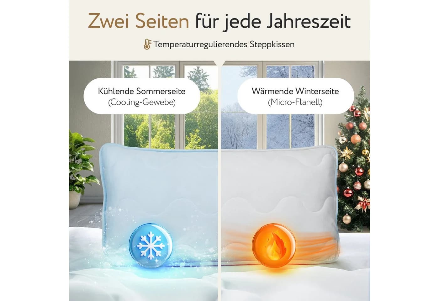 Herlag Kopfkissen 2-in-1 Sommer- & Winterseite Wendekissen Kühlend & Wärmend