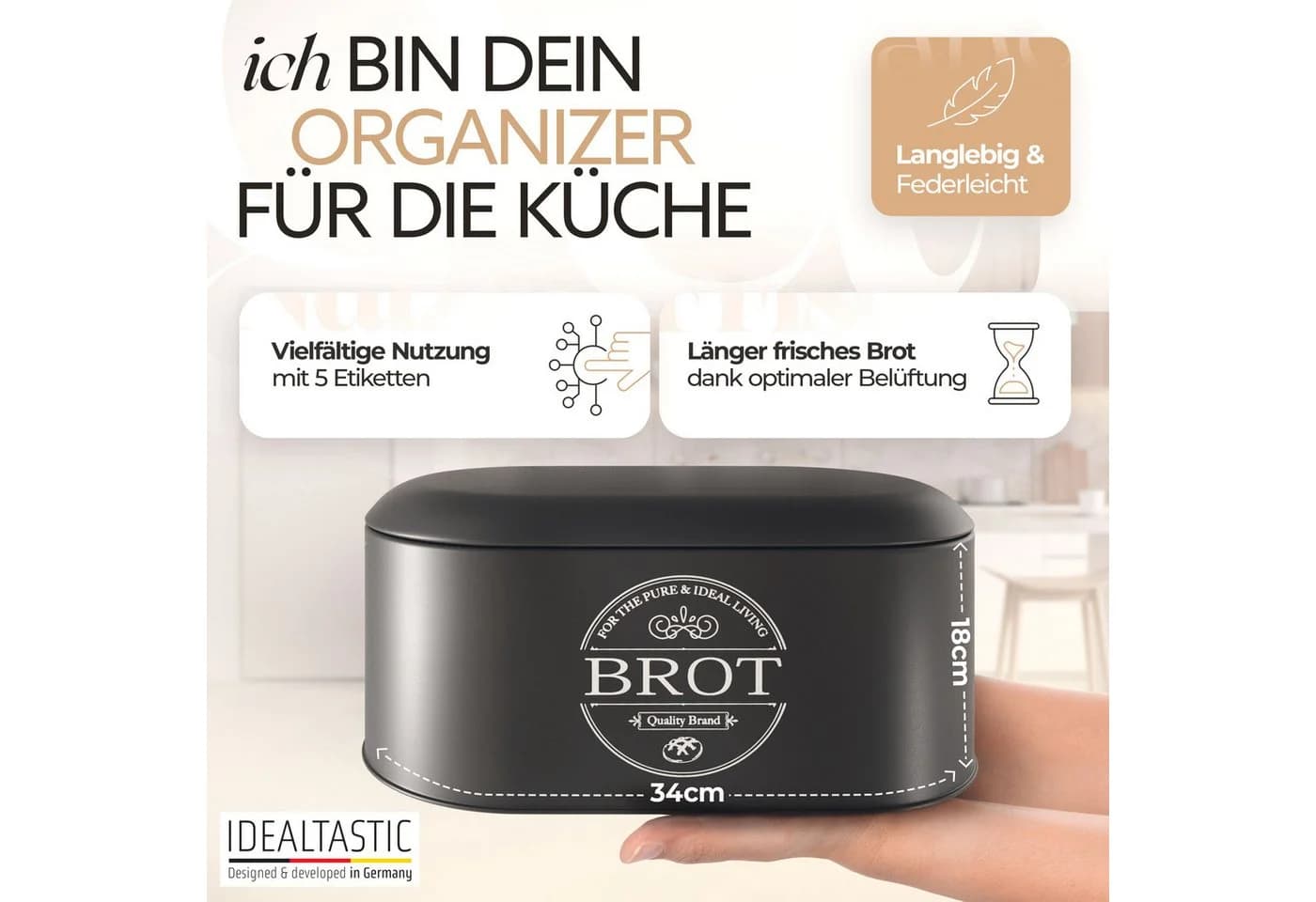 IDEALTASTIC Brotkasten Premium 2-in-1 Schwarz Stahl mit Schneidebrett