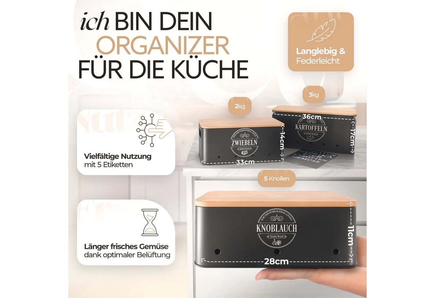 IDEALTASTIC Vorratsdose 3er Set Schwarz Stahl