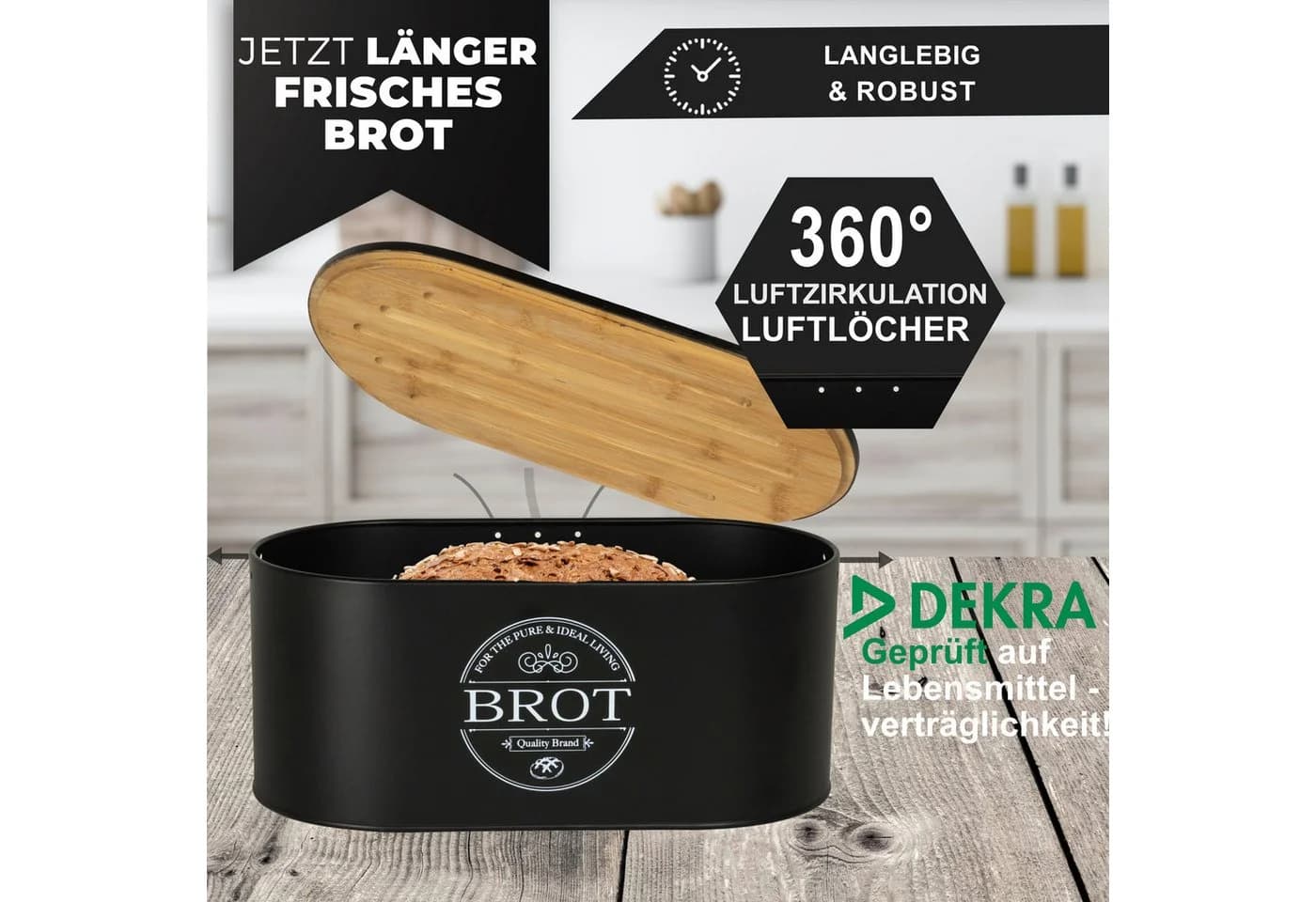 IDEALTASTIC Brotkasten Schwarz 2-in-1 mit Schneidebrett - Bild 3
