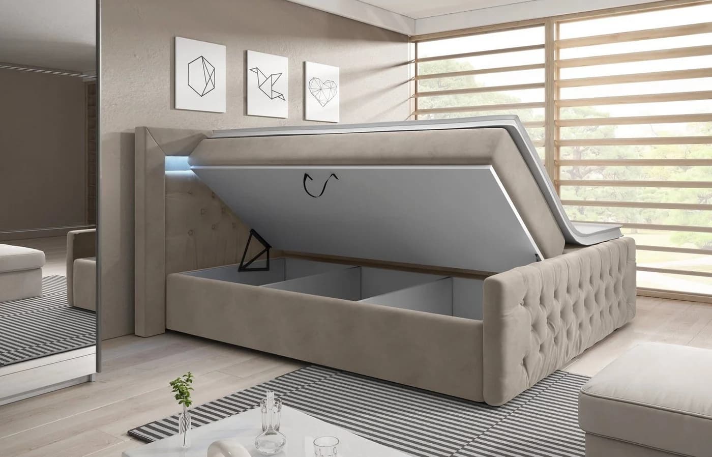 PROMETO Möbel Boxspringbett ASCONA mit LED-Beleuchtung und Bettkästen