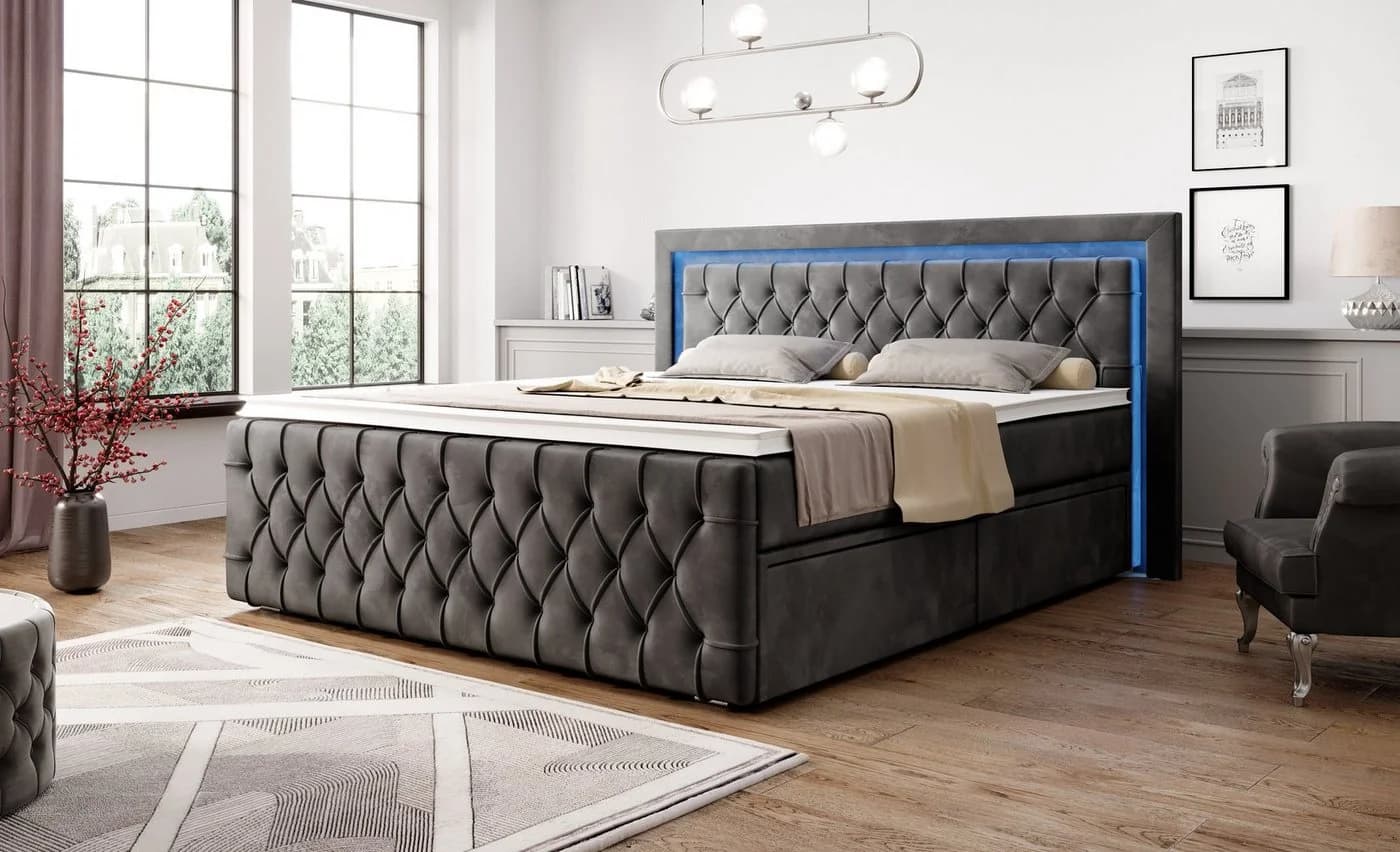 PROMETO Möbel Boxspringbett Arosa mit 7-Zonen-Matratze und LED-Beleuchtung Grau