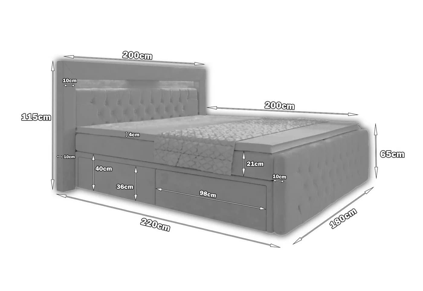 PROMETO Möbel Boxspringbett Arosa mit 7-Zonen-Matratze und LED-Beleuchtung Grau - Bild 4