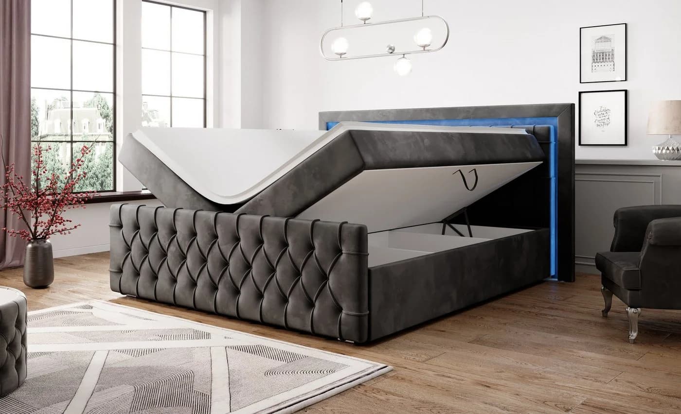 PROMETO Möbel Boxspringbett Grau Samt mit LED, Bettkästen & Topper