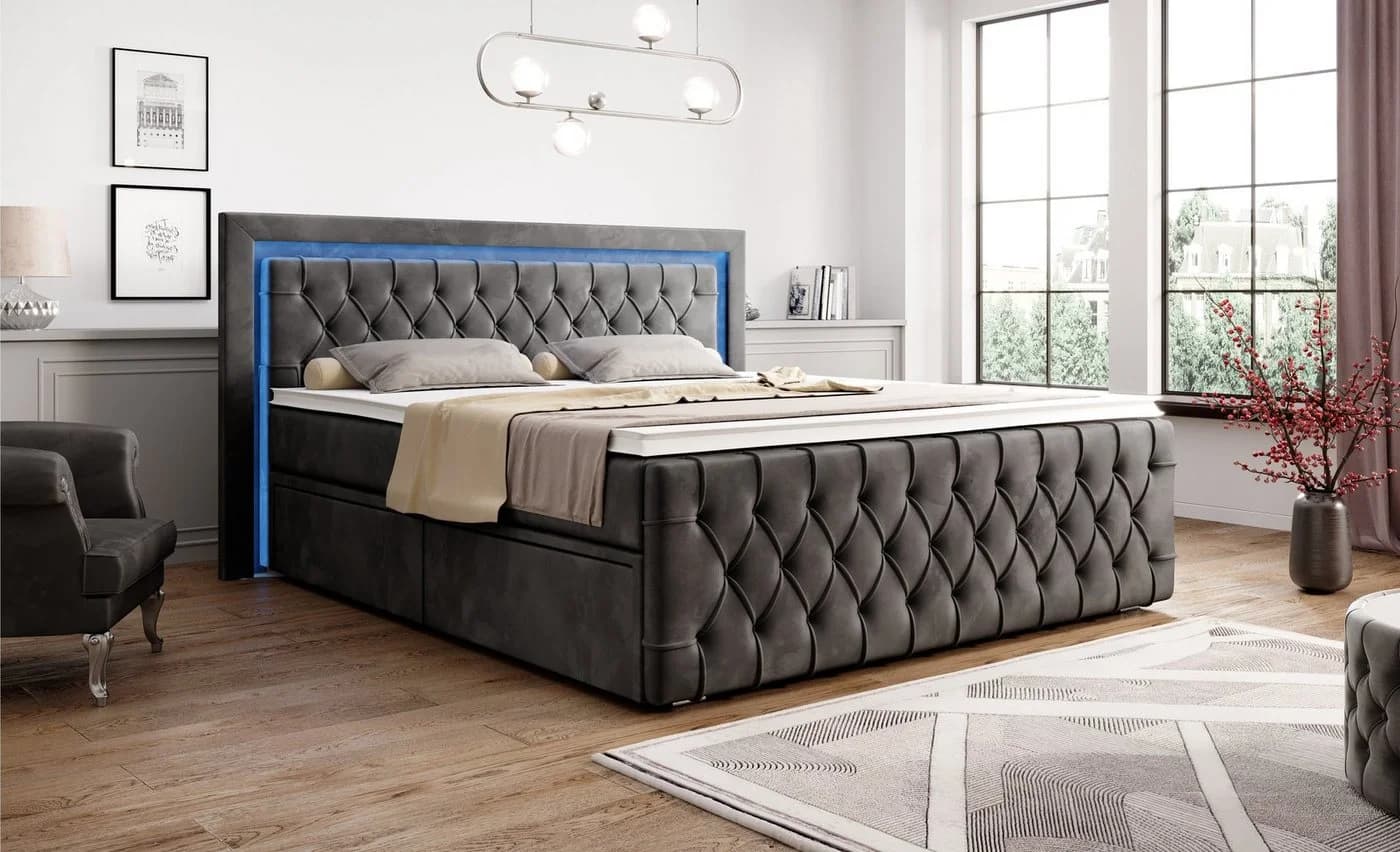 PROMETO Möbel Boxspringbett Grau Samt mit LED, Bettkästen & Topper - Bild 2