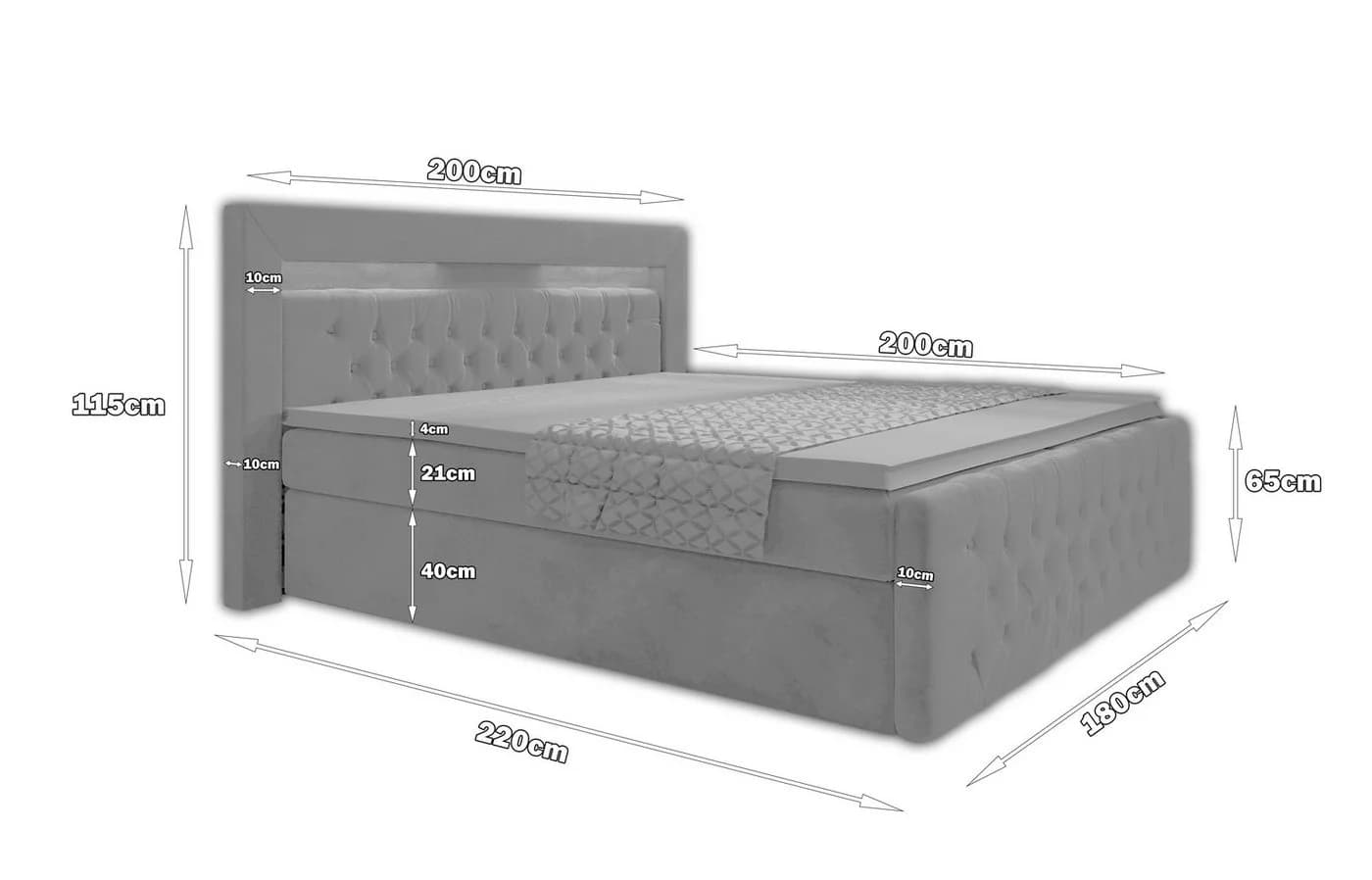 PROMETO Möbel Boxspringbett Grau Samt mit LED, Bettkästen & Topper - Bild 4