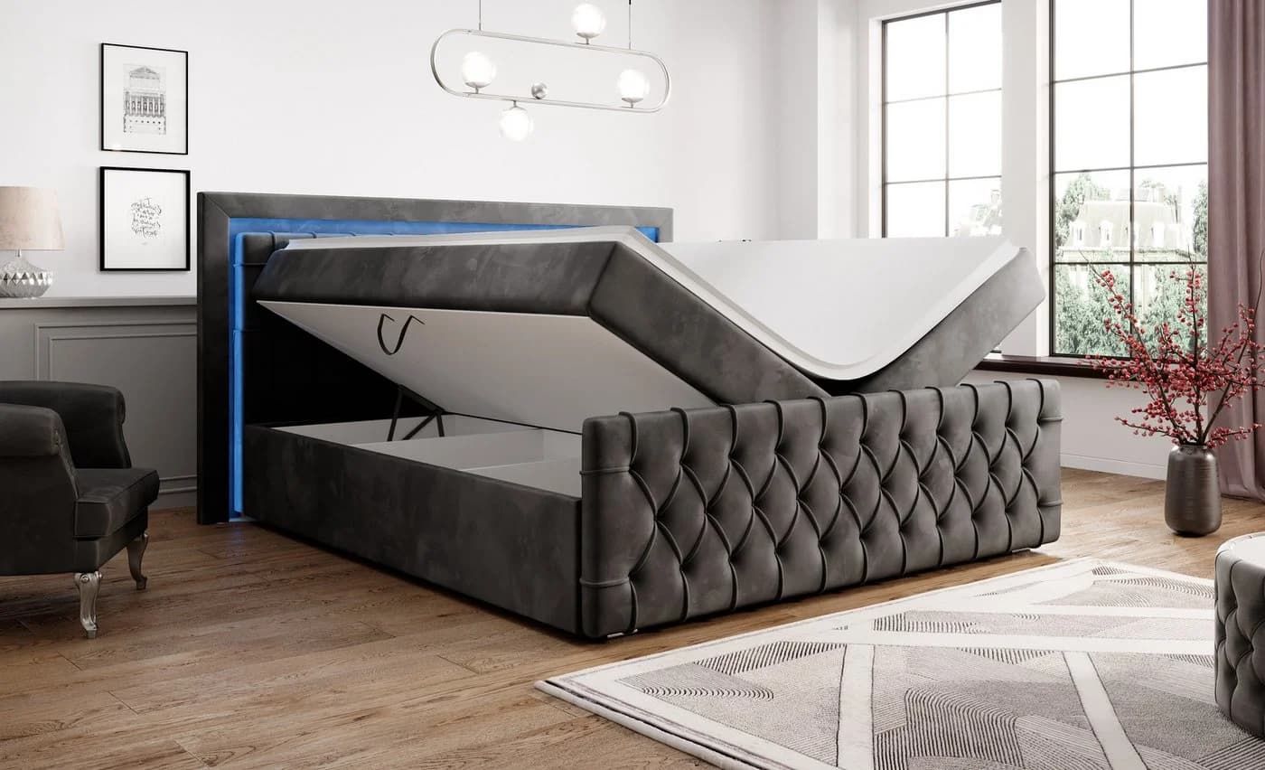PROMETO Möbel Boxspringbett Grau Samt mit LED, Bettkästen & Topper - Bild 5