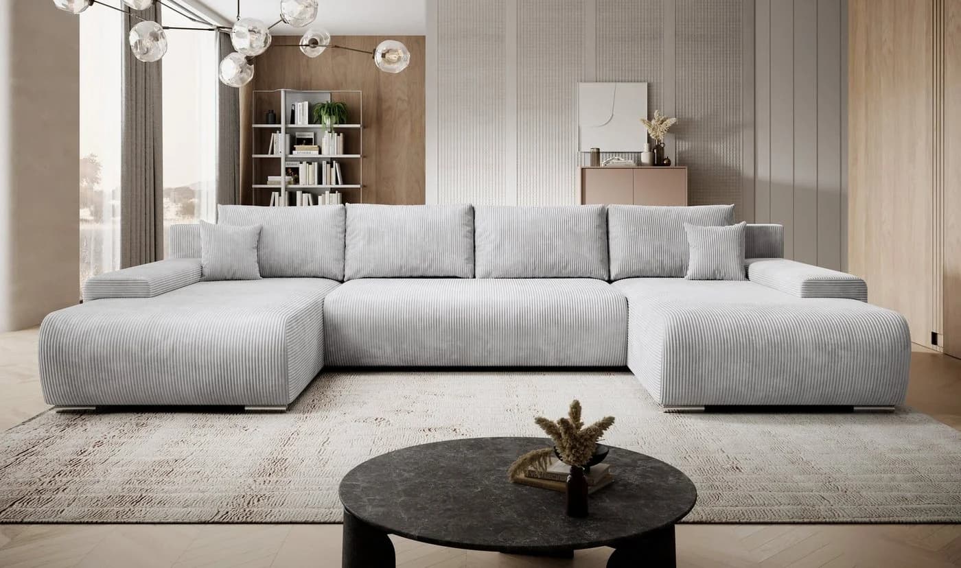 PROMETO Möbel Ecksofa Credo U-Form mit Schlaffunktion und Bettkasten Grau