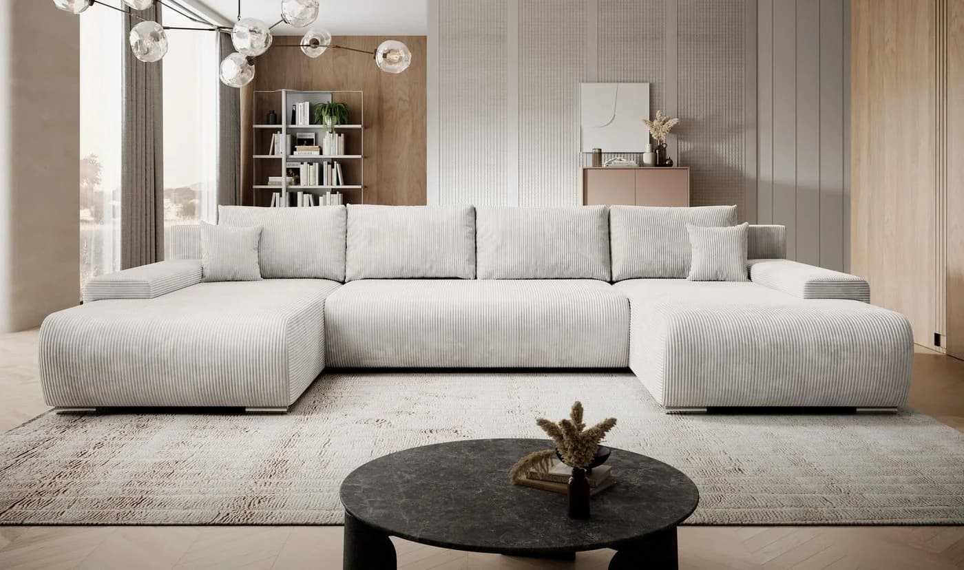 PROMETO Möbel Ecksofa Credo U-Form Beige mit Schlaffunktion und Bettkasten