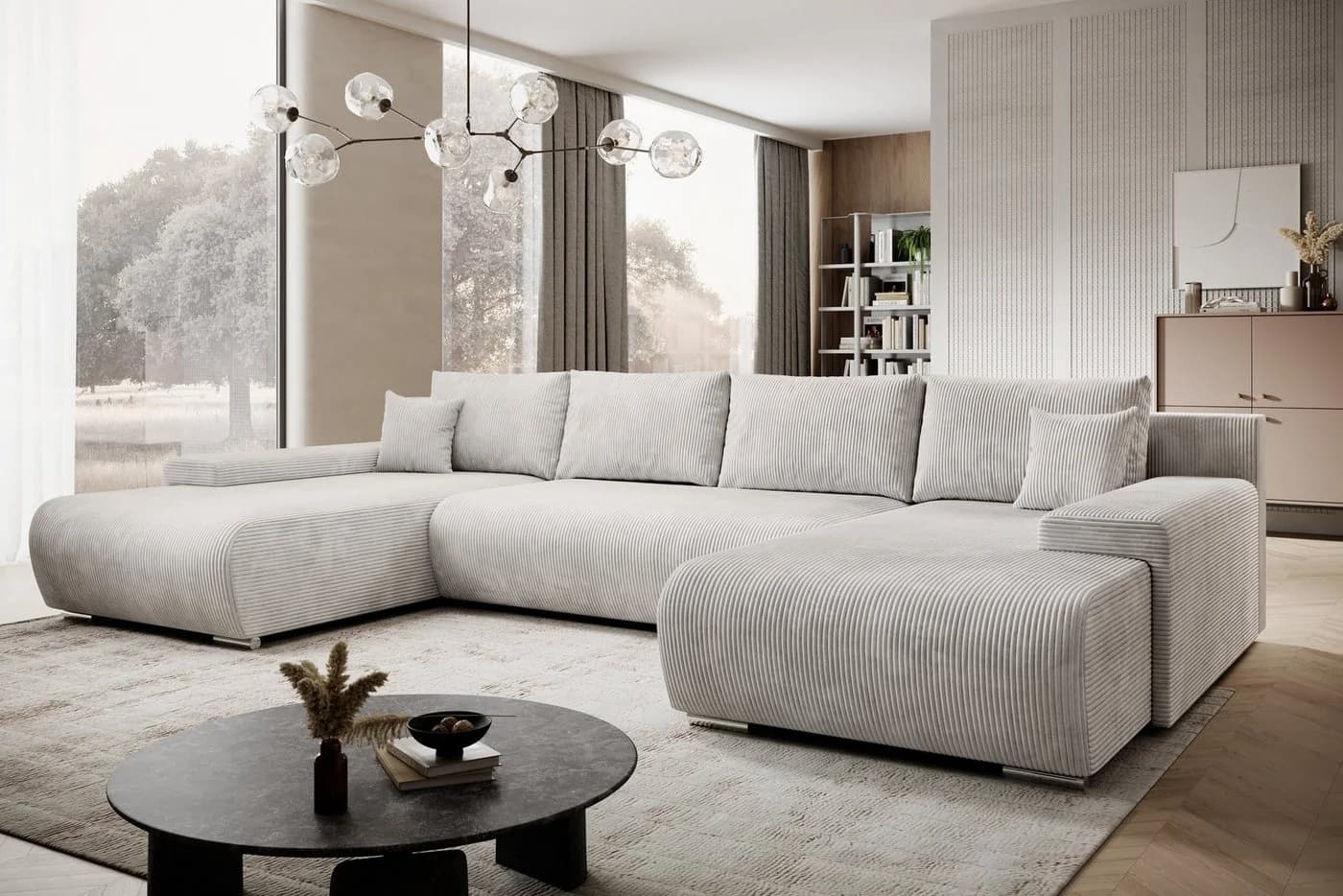 PROMETO Möbel Ecksofa Credo U-Form Beige mit Schlaffunktion und Bettkasten - Bild 2