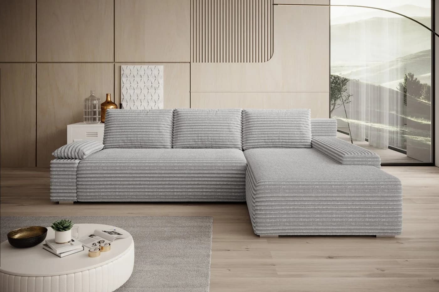 PROMETO Ecksofa LINEA mit Schlaffunktion und Bettkasten Beige Grau