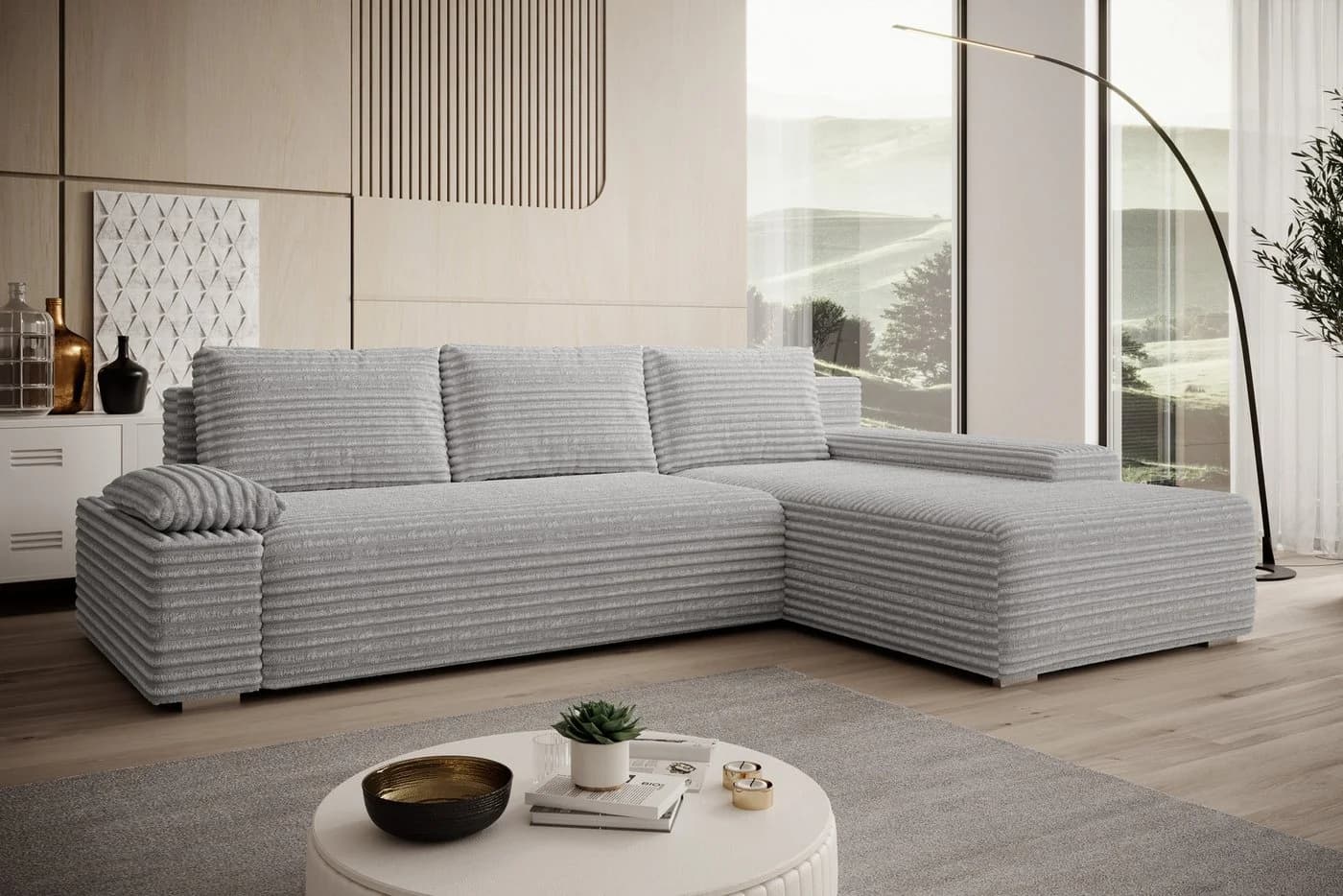 PROMETO Ecksofa LINEA mit Schlaffunktion und Bettkasten Beige Grau - Bild 2