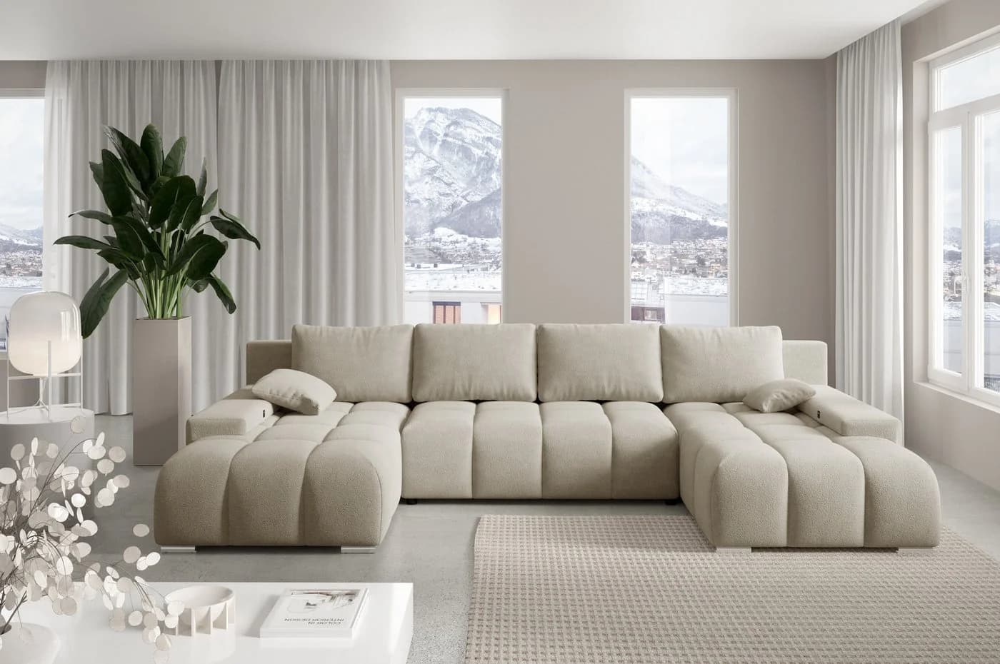 PROMETO Möbel Ecksofa U-Form Beige Bouclé Stoff Schlaffunktion USB