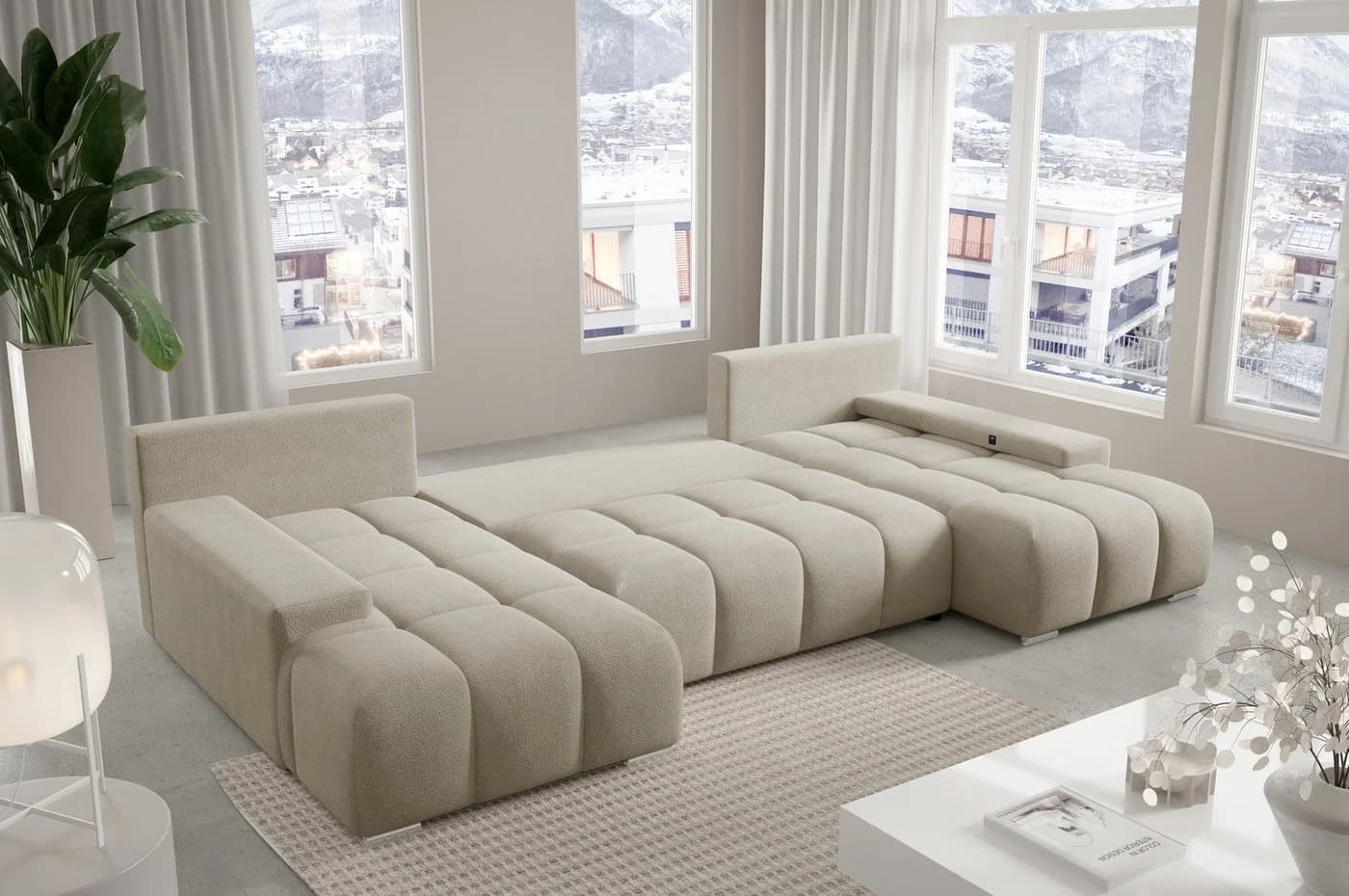 PROMETO Möbel Ecksofa U-Form Beige Bouclé Stoff Schlaffunktion USB - Bild 3