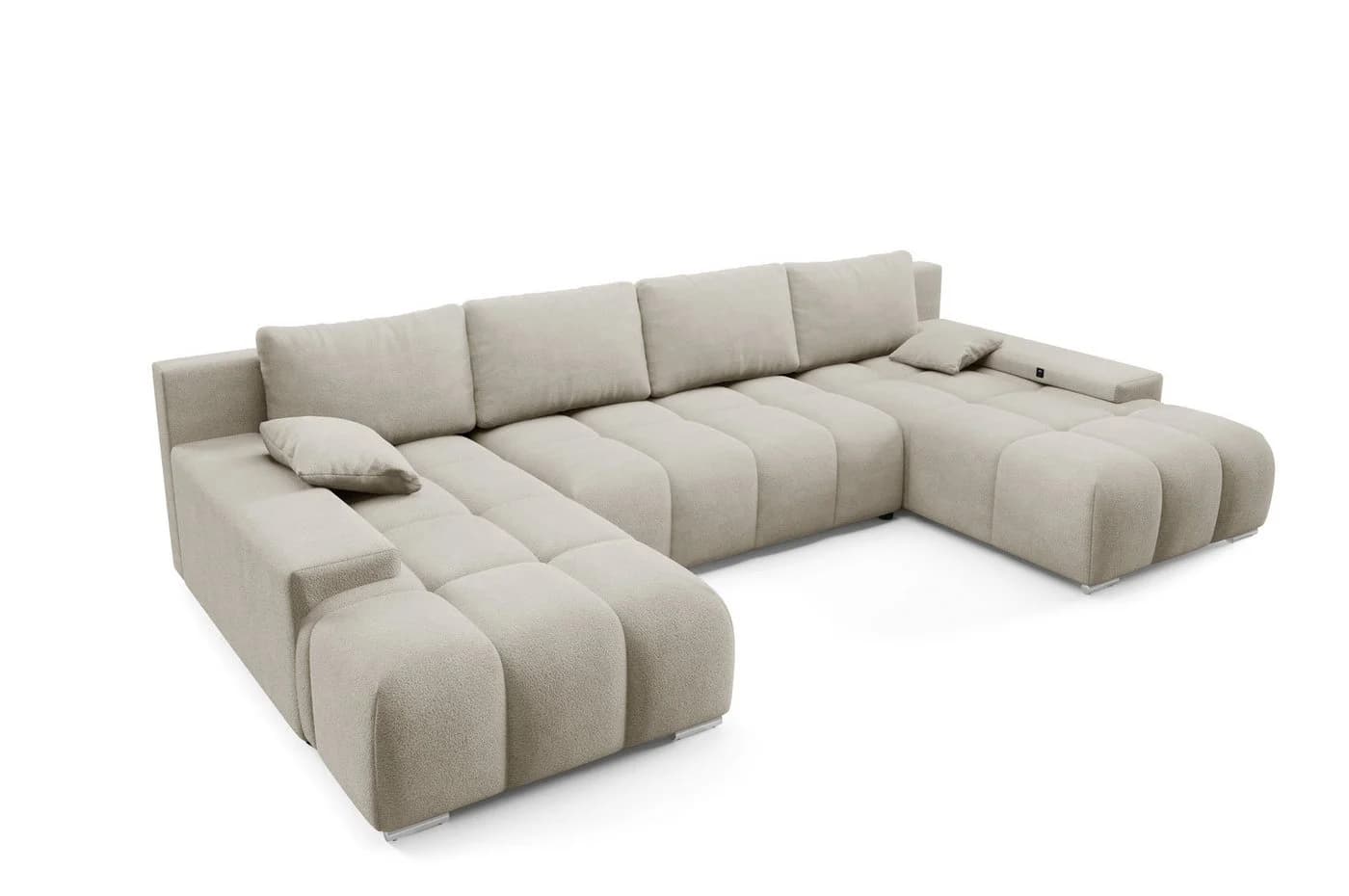 PROMETO Möbel Ecksofa U-Form Beige Bouclé Stoff Schlaffunktion USB - Bild 4