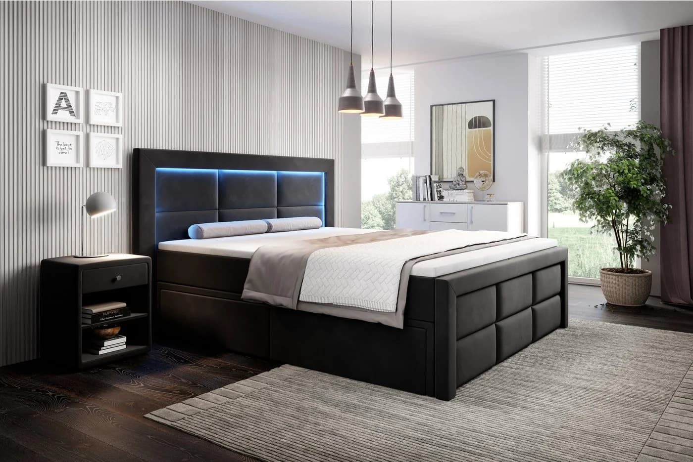 PROMETO Möbel Boxspringbett Schlafbett 180x200cm LED Beleuchtung